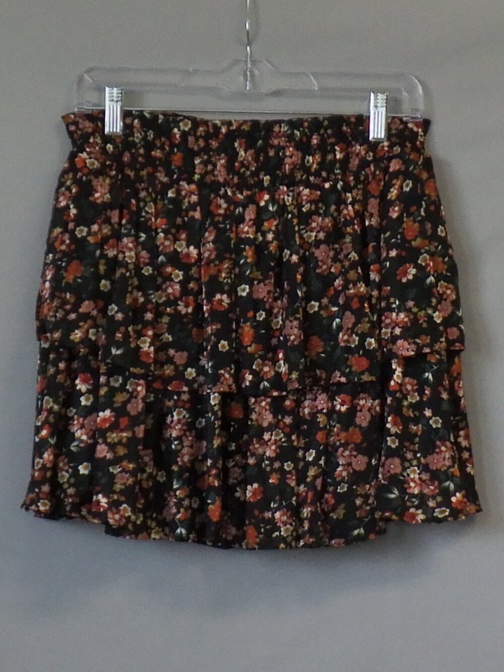 Pink Lily Black Floral Mini Skirt with Rust & Pink Blooms - Picture 2 of 5